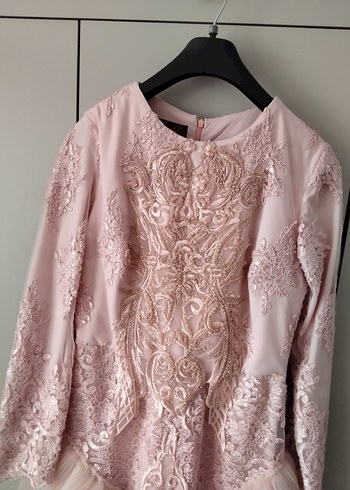 Pembe Nakışlı Uzun Kollu Abiye Elbise - Görsel 8