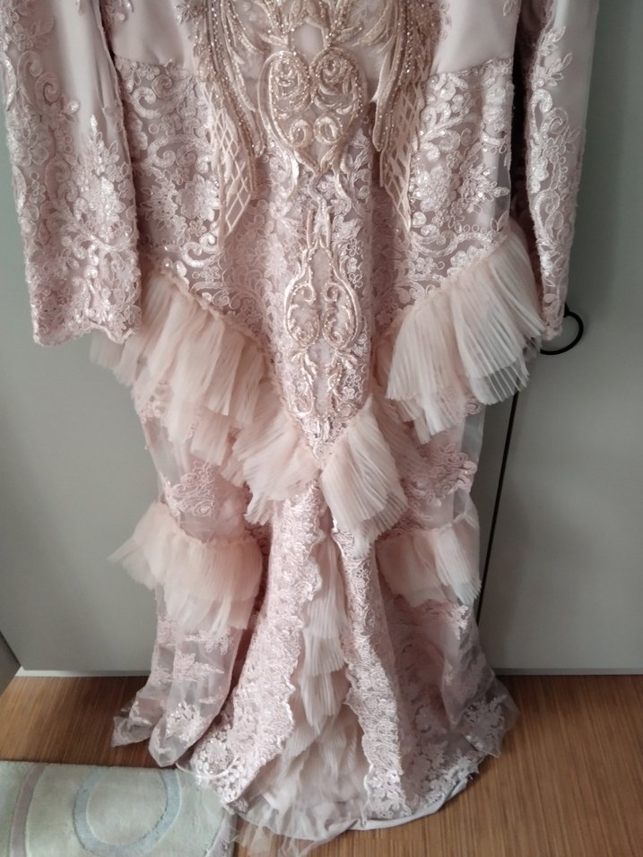 Pembe Nakışlı Uzun Kollu Abiye Elbise - Görsel 4