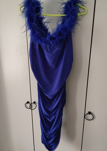 Mavi Drapeli Tüy Detaylı Mini Abiye Elbise - Görsel 2