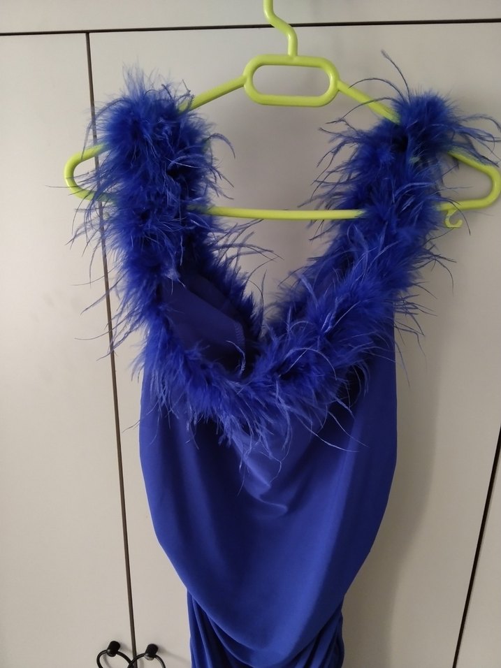 Mavi Drapeli Tüy Detaylı Mini Abiye Elbise - Görsel 4