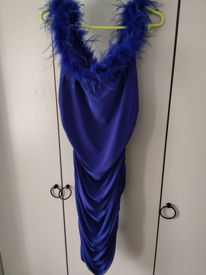 Mavi Drapeli Tüy Detaylı Mini Abiye Elbise - Görsel 2