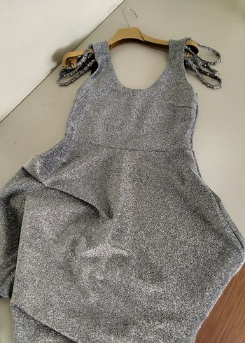 Gri Mini Payetli V Yaka Abiye Elbise - Görsel 6