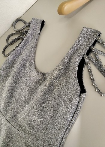 Gri Mini Payetli V Yaka Abiye Elbise - Görsel 8