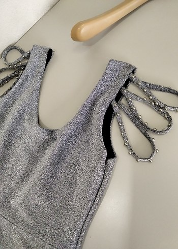 Gri Mini Payetli V Yaka Abiye Elbise - Görsel 7