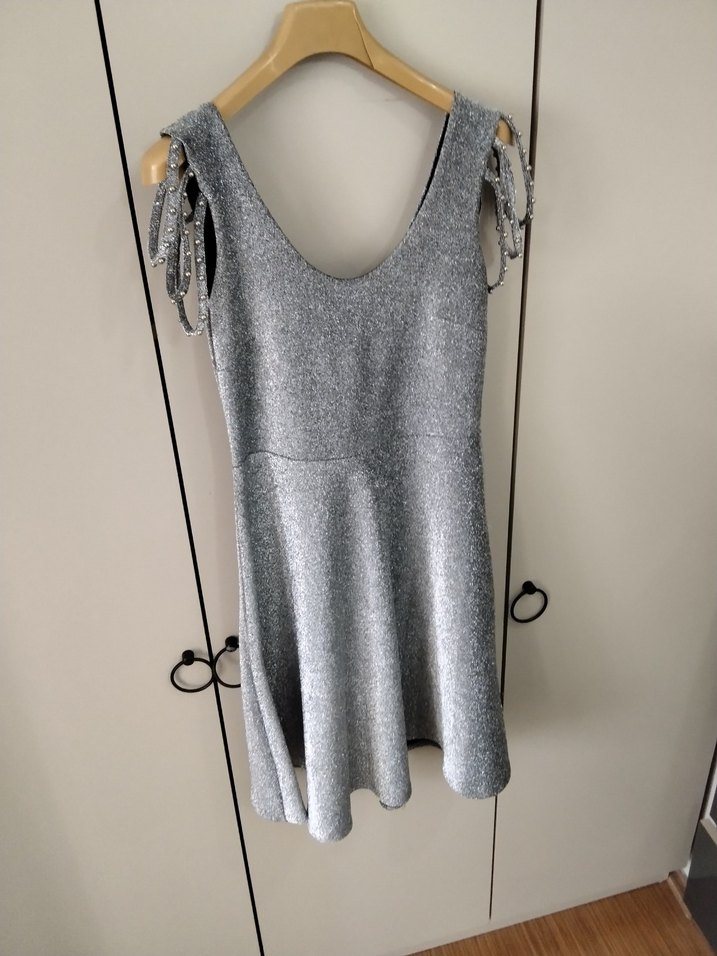 Gri Mini Payetli V Yaka Abiye Elbise - Görsel 4