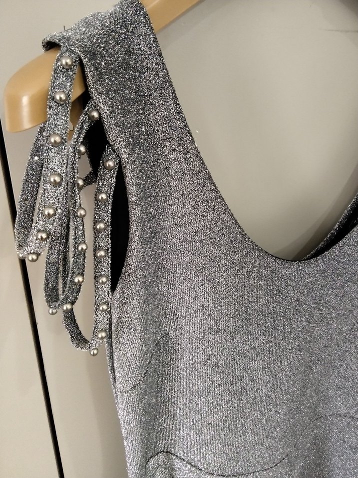 Gri Mini Payetli V Yaka Abiye Elbise - Görsel 3
