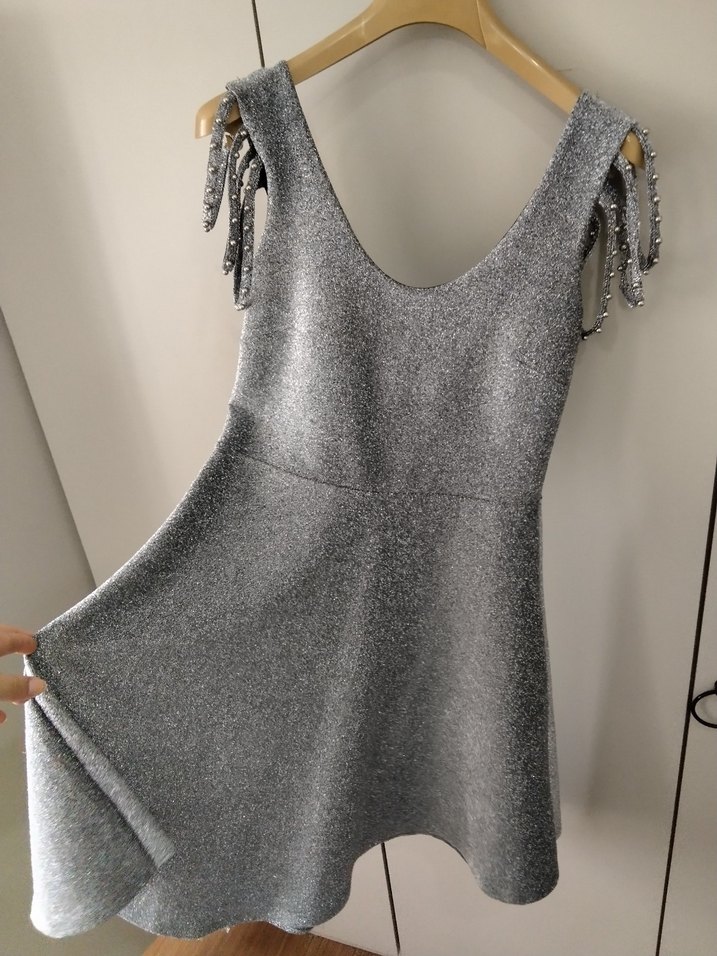 Gri Mini Payetli V Yaka Abiye Elbise - Görsel 2