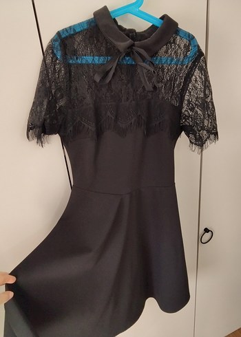 Dantel Detaylı Siyah Kısa Kollu Mini Elbise - Görsel 2