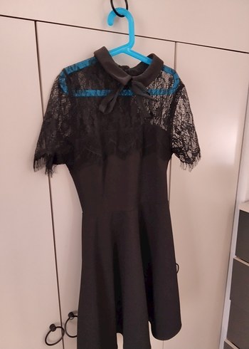 Dantel Detaylı Siyah Kısa Kollu Mini Elbise - Görsel 5