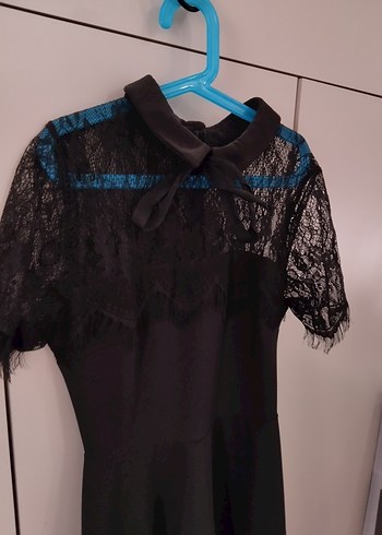 Dantel Detaylı Siyah Kısa Kollu Mini Elbise - Görsel 4