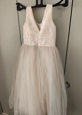 Kız Çocuk toz pembe Dantelli Tül Abiye Elbise Pelerinle beraber - Görsel 6