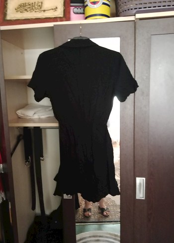 Siyah Keten Midi Düğmeli Elbise - Görsel 2