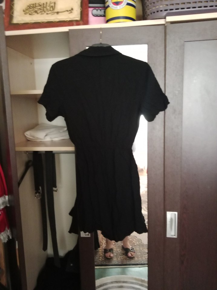 Siyah Keten Midi Düğmeli Elbise - Görsel 2