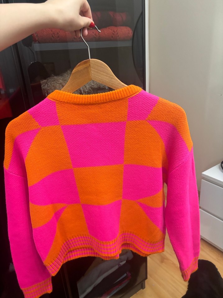 Renkli Kare Desenli Örgü Kadın Hırka - Görsel 2