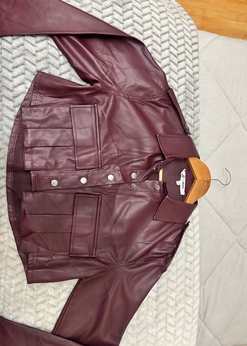 Bordo Deri Düğmeli Kadın Ceket - Görsel 6