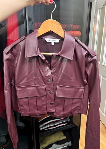 Bordo Deri Düğmeli Kadın Ceket - Görsel 2