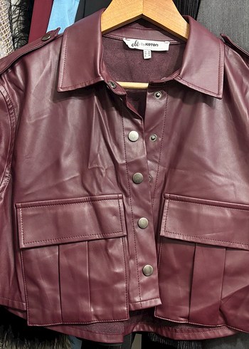 Bordo Deri Düğmeli Kadın Ceket - Görsel 5