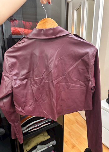 Bordo Deri Düğmeli Kadın Ceket - Görsel 4