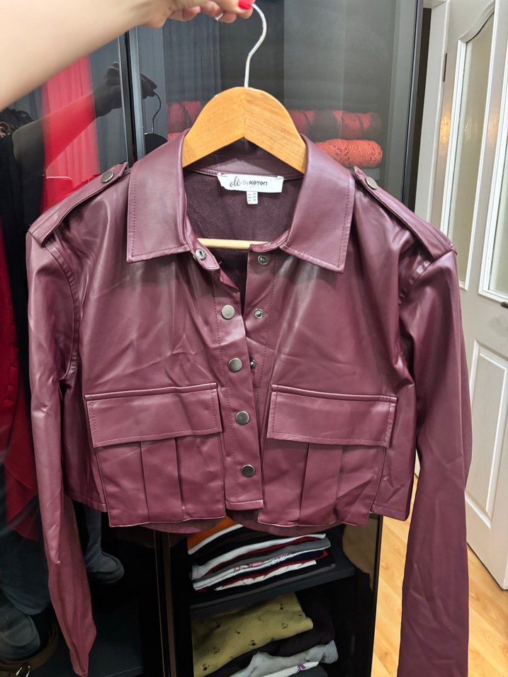 Bordo Deri Düğmeli Kadın Ceket - Görsel 2