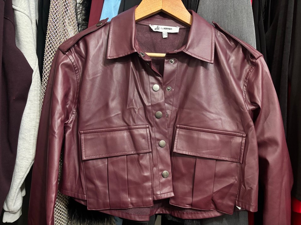 Bordo Deri Düğmeli Kadın Ceket - Görsel 5