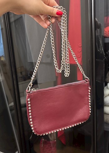 Bordo zımba detaylı zincirli çanta - Görsel 2