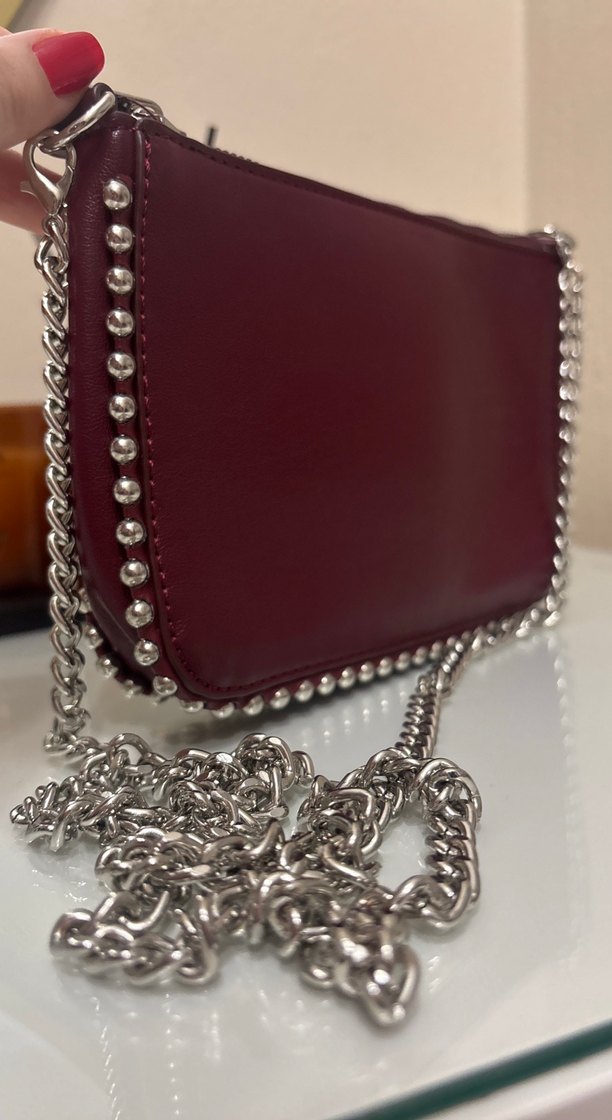 Bordo zımba detaylı zincirli çanta - Görsel 5