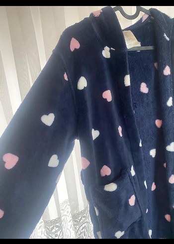 Kız Çocuk Lacivert Kalp Desenli Bornoz - Görsel 6