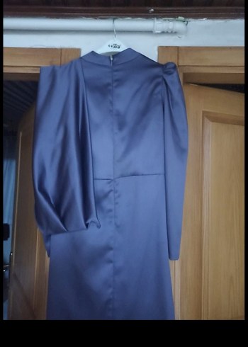 Uzun Kollu Mavi Drapeli Abiye Elbise - Görsel 3