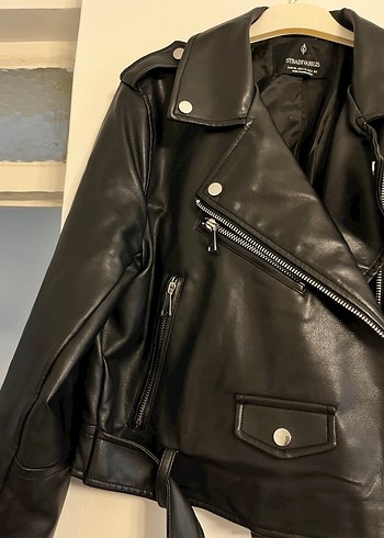 Stradivarius Kadın Siyah Deri Biker Ceket - Görsel 3