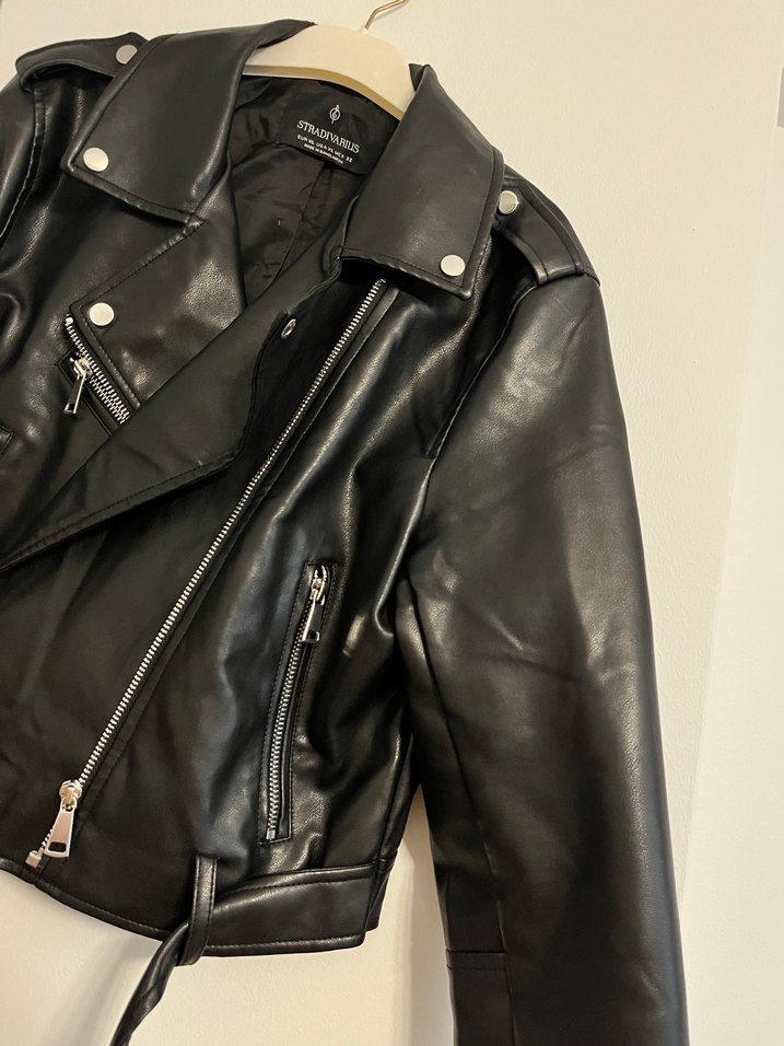 Stradivarius Kadın Siyah Deri Biker Ceket - Görsel 2