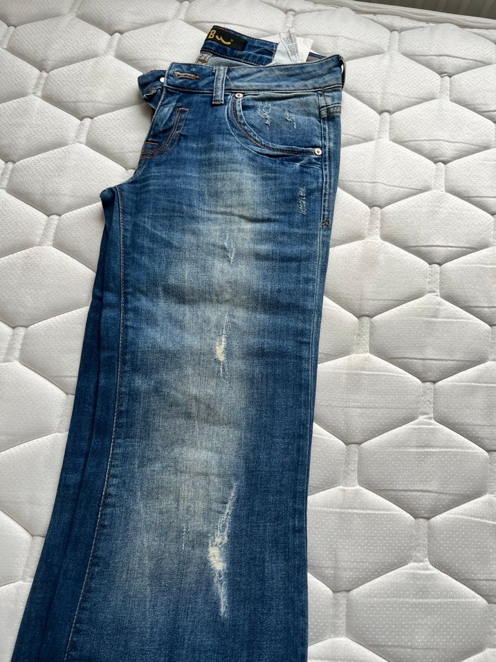 Mavi Parlak Kadın Denim Bol Paça Jean - Görsel 3