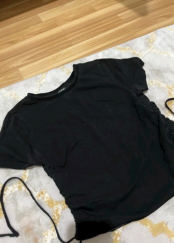 Kız Siyah Kısa Kollu Keten Tişört - Görsel 2