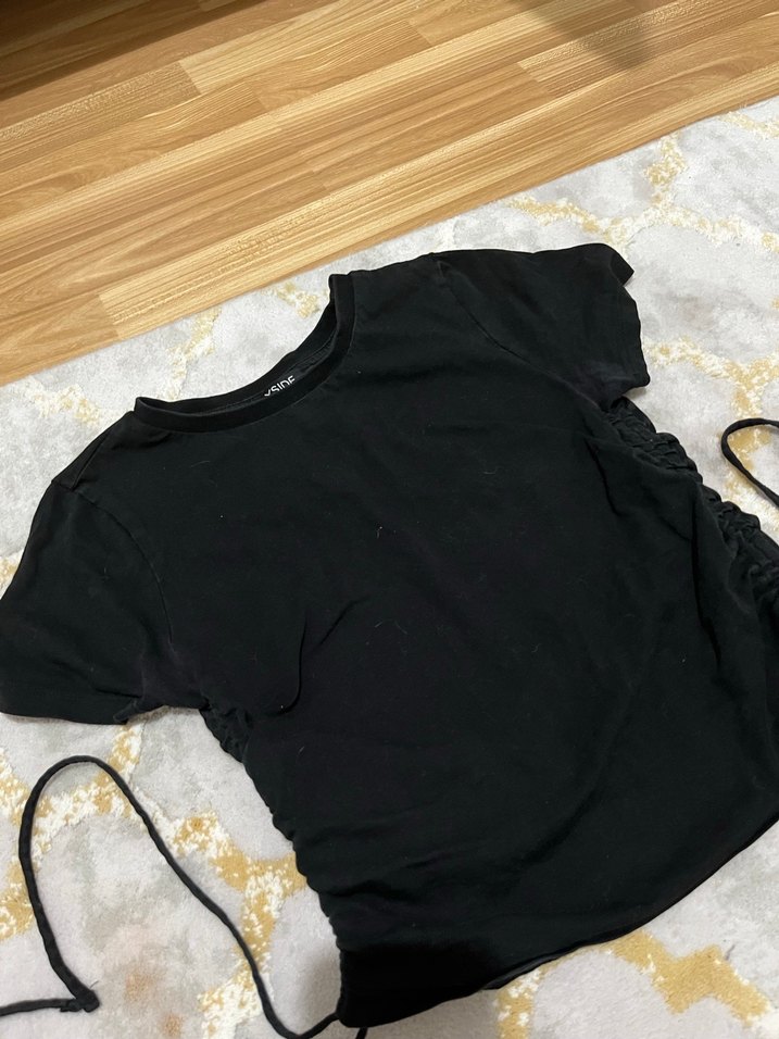 Kız Siyah Kısa Kollu Keten Tişört - Görsel 2