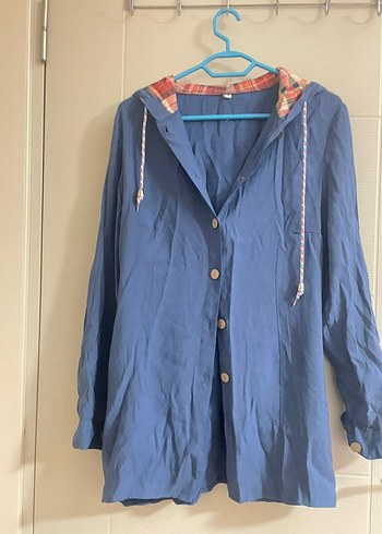 Kadın Mavi Midi Düğmeli Kapüşonlu Yağmurluk - Görsel 2