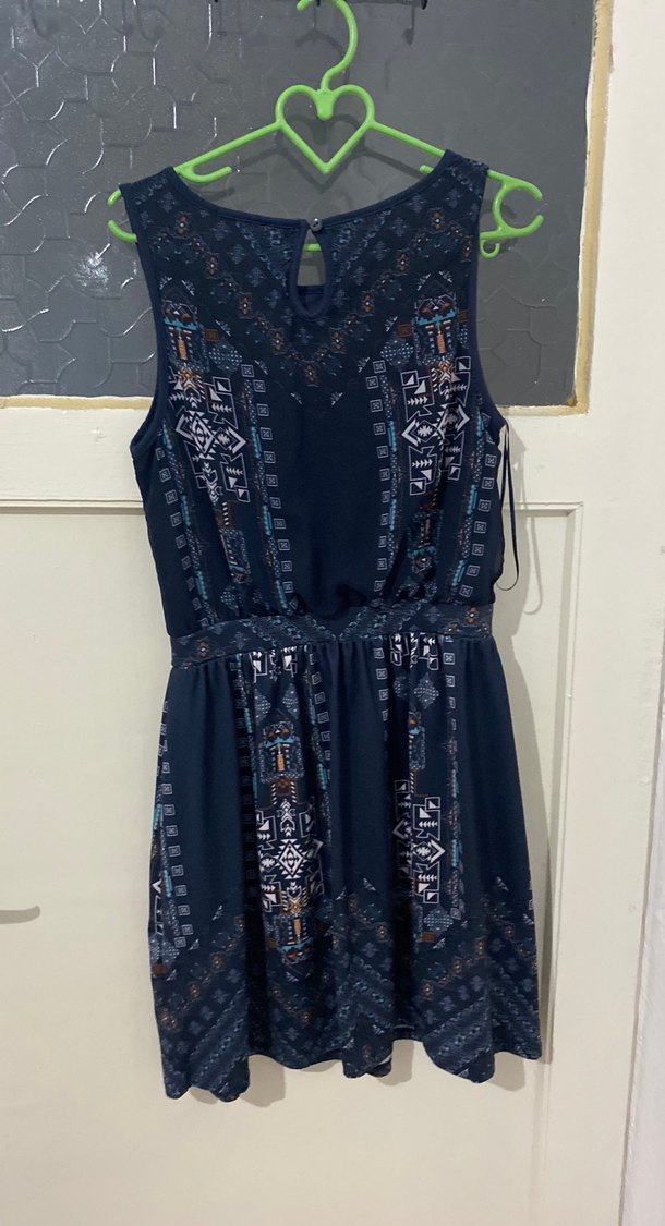 Kolsuz Desenli Lacivert Midi Elbise - Görsel 3