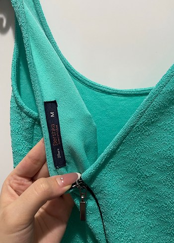 Bershka Turkuaz Sıfır Kol Midi Elbise - Görsel 4