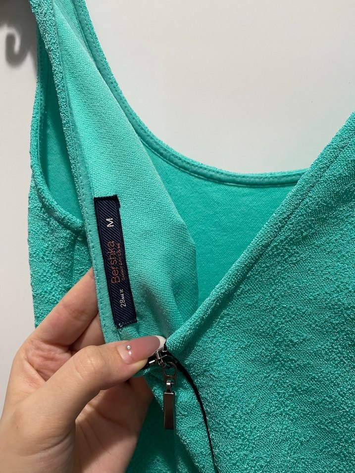 Bershka Turkuaz Sıfır Kol Midi Elbise - Görsel 4