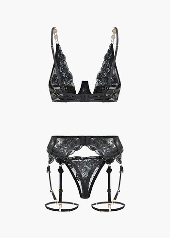 Nakışlı Siyah Gotik Mini Sütyen ve Jartiyer Takımı - Görsel 2