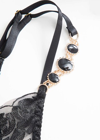 Nakışlı Siyah Gotik Mini Sütyen ve Jartiyer Takımı - Görsel 4