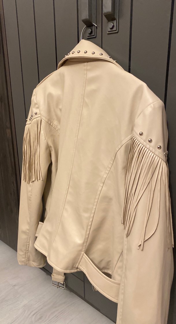 Bej Deri Püsküllü Kadın Biker Ceket - Görsel 3