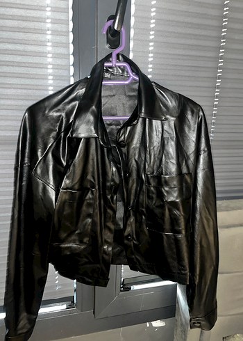 Düğmeli siyah  Deri ceket gömlek - Görsel 2