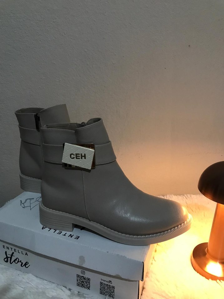 bej Deri Kadın Bot, Tokalı, Kalın Topuklu - Görsel 3