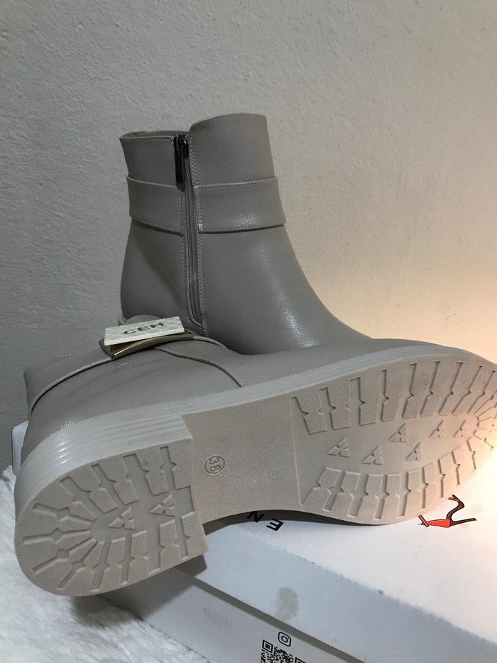 bej Deri Kadın Bot, Tokalı, Kalın Topuklu - Görsel 2