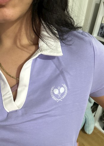 Mor Baskılı Denim Polo Yaka Tişört - Görsel 5