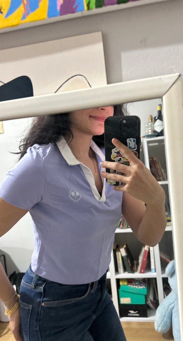 Mor Baskılı Denim Polo Yaka Tişört - Görsel 4