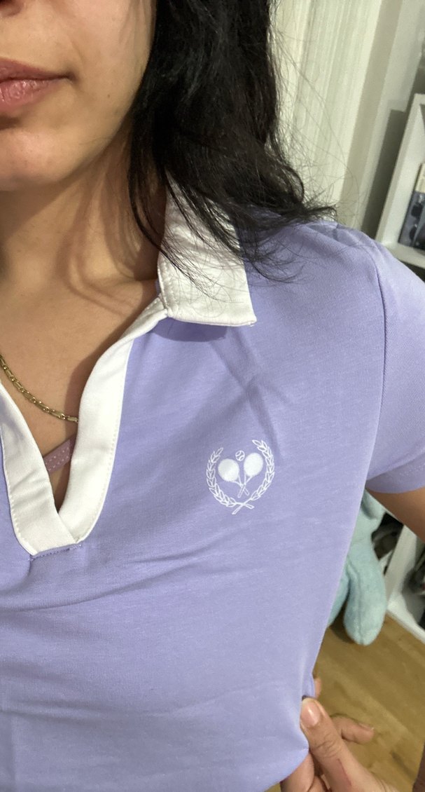 Mor Baskılı Denim Polo Yaka Tişört - Görsel 5