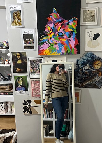 Bej Çizgili Örgü Kadın Kazak - Görsel 4