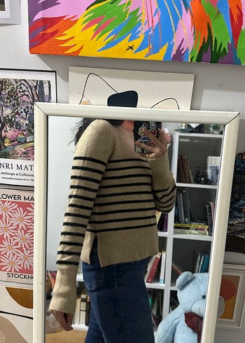 Bej Çizgili Örgü Kadın Kazak - Görsel 2