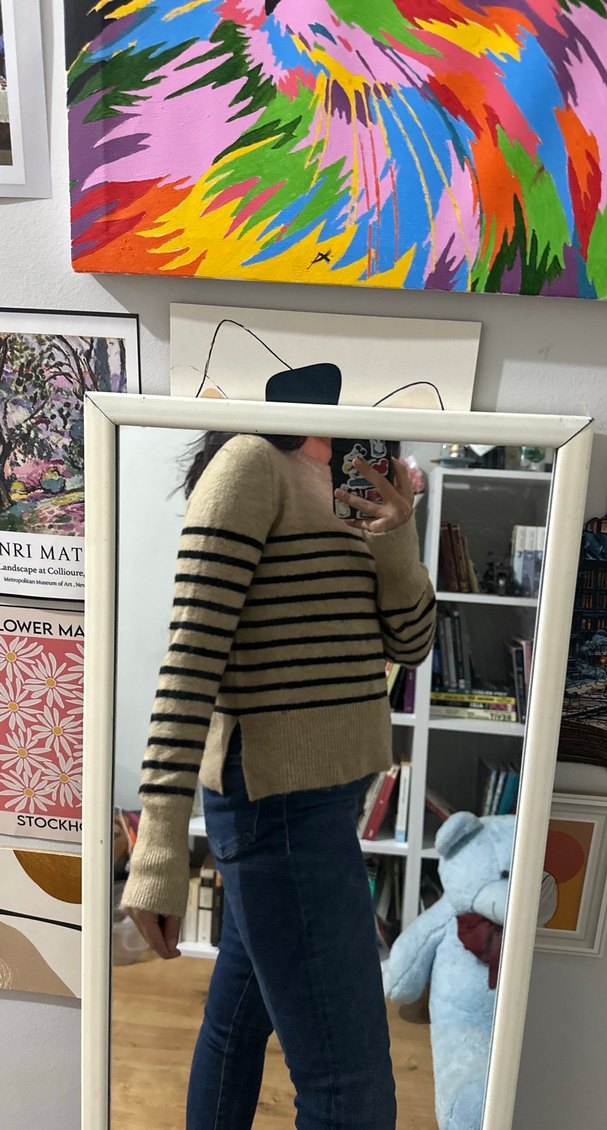 Bej Çizgili Örgü Kadın Kazak - Görsel 2