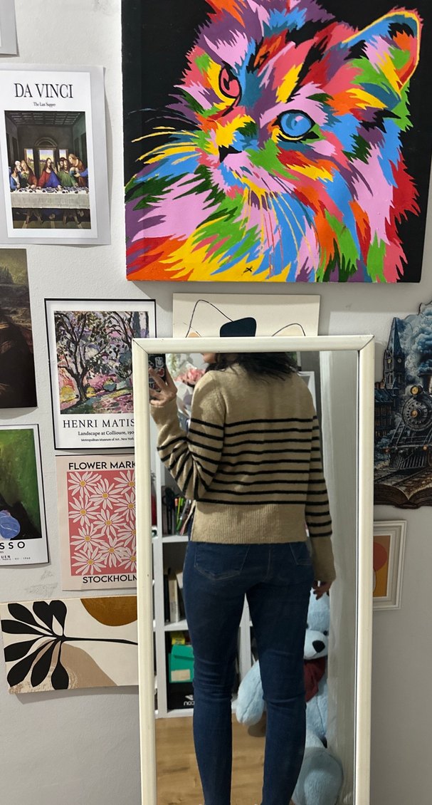 Bej Çizgili Örgü Kadın Kazak - Görsel 3